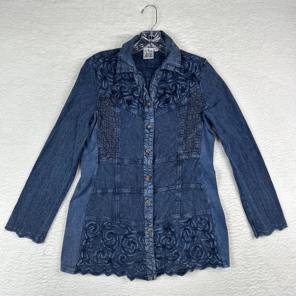 Parsley & Sage S Patchwork Tunic Top Denim Cottagecore Country Artsy Button Up